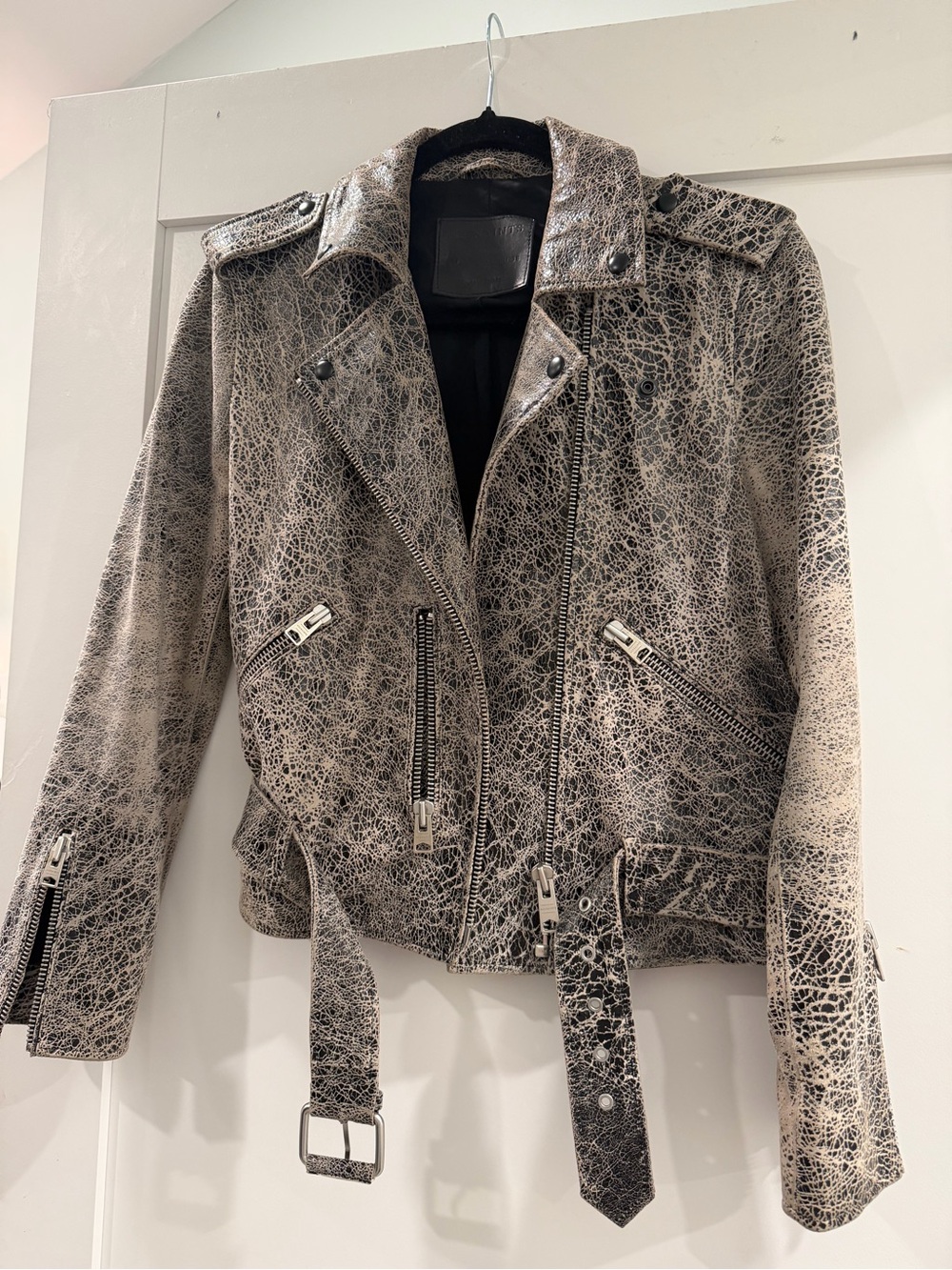 AllSaints Distressed Crackle Leather Moto Jacket - Black & Cream